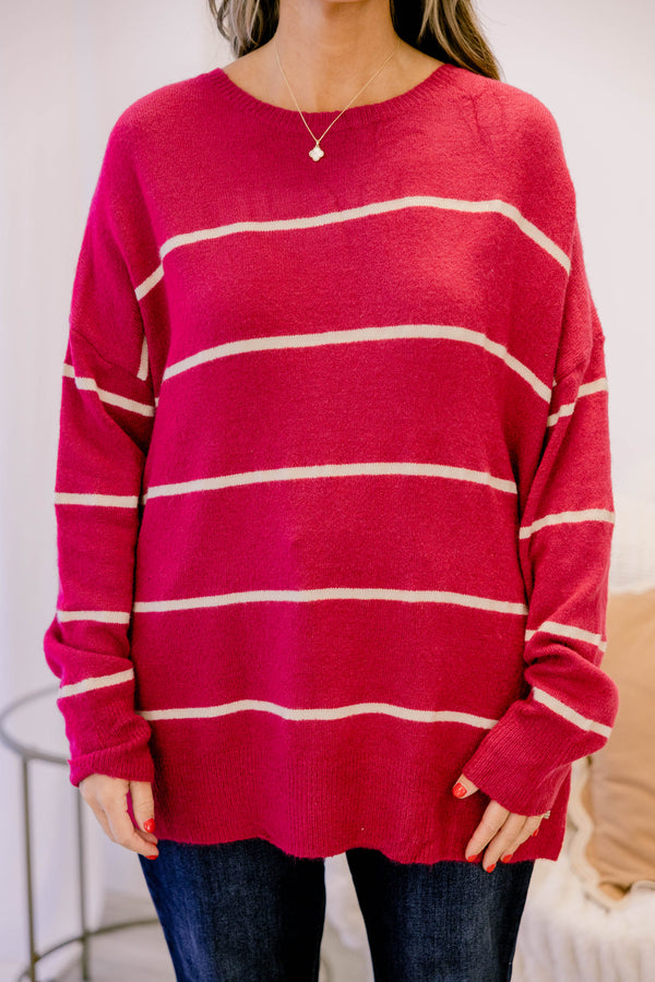 Chic Soul plus size clothing, dark pink long sleeve sweater with thin white horizontal stripes