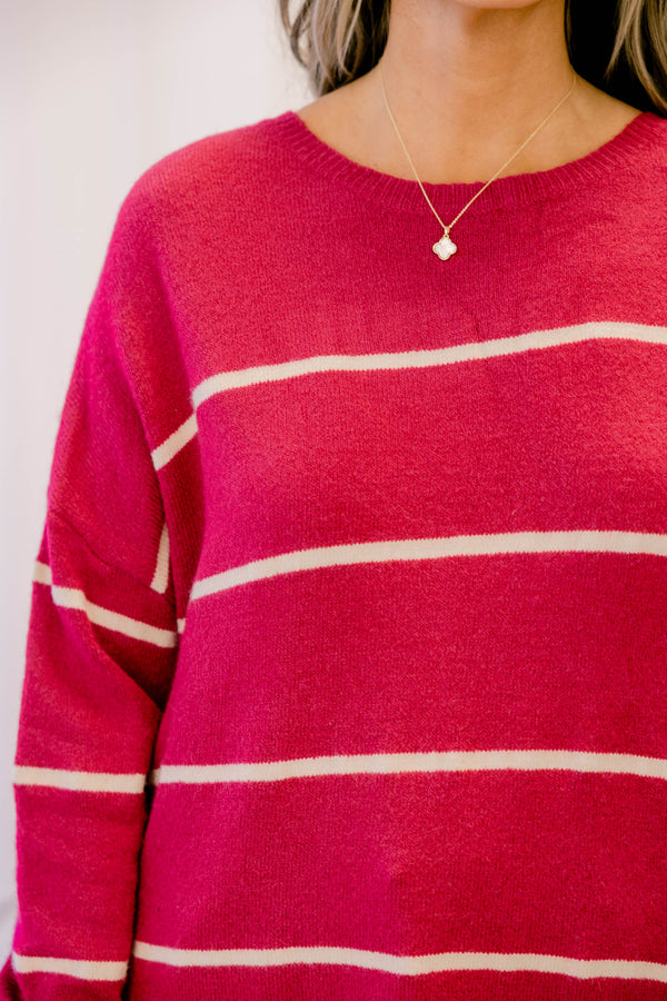 Chic Soul plus size clothing, dark pink long sleeve sweater with thin white horizontal stripes