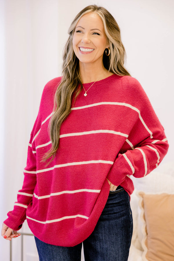 Chic Soul plus size clothing, dark pink long sleeve sweater with thin white horizontal stripes
