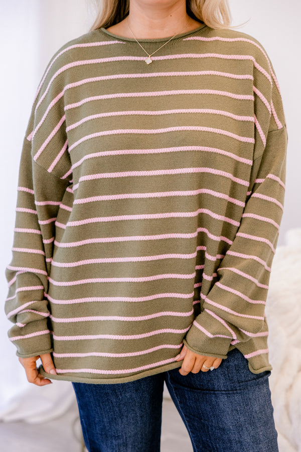 Chic Soul plus size clothing, olive green long sleeve sweater with thin light pink horizontal stripe