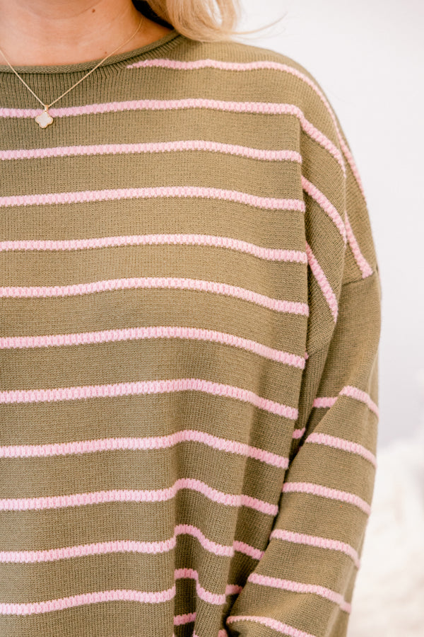 Chic Soul plus size clothing, olive green long sleeve sweater with thin light pink horizontal stripe