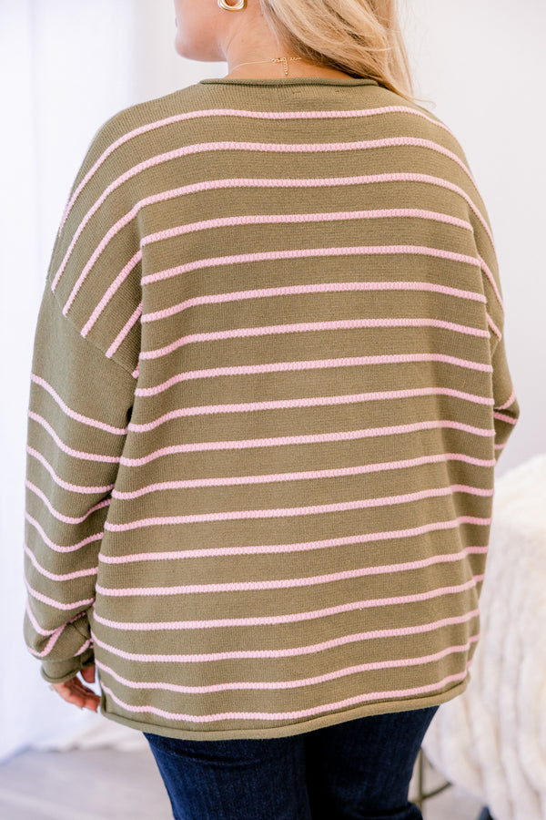 Chic Soul plus size clothing, olive green long sleeve sweater with thin light pink horizontal stripe