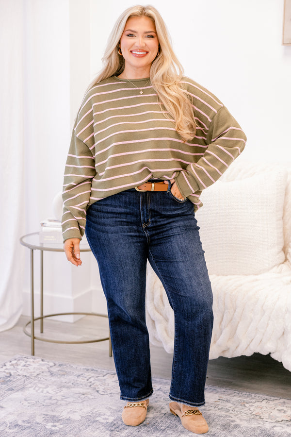 Chic Soul plus size clothing, olive green long sleeve sweater with thin light pink horizontal stripe