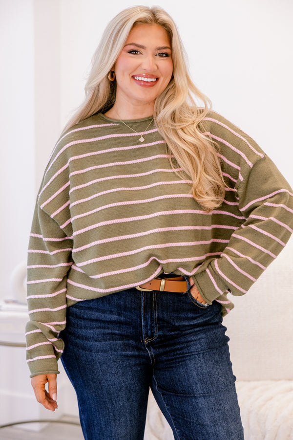 Chic Soul plus size clothing, olive green long sleeve sweater with thin light pink horizontal stripe