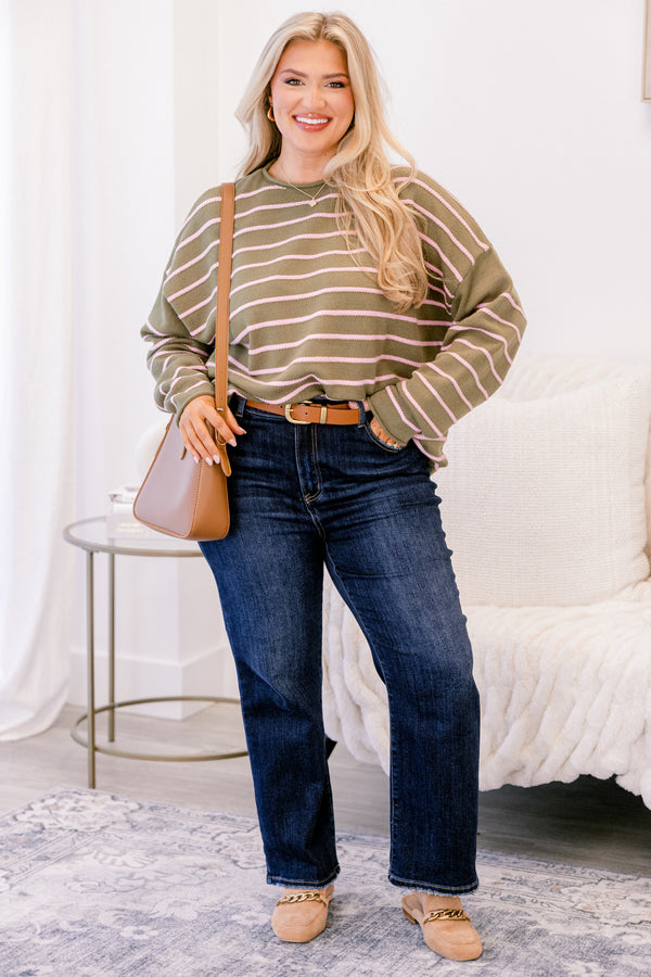 Chic Soul plus size clothing, olive green long sleeve sweater with thin light pink horizontal stripe