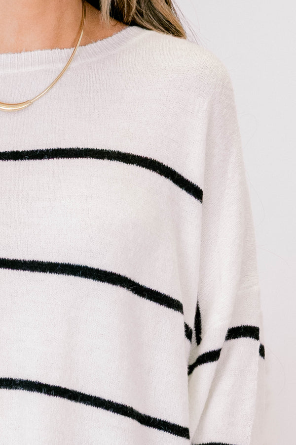 Chic Soul plus size clothing, dove white cream oversized sweater top with skinny black stripes