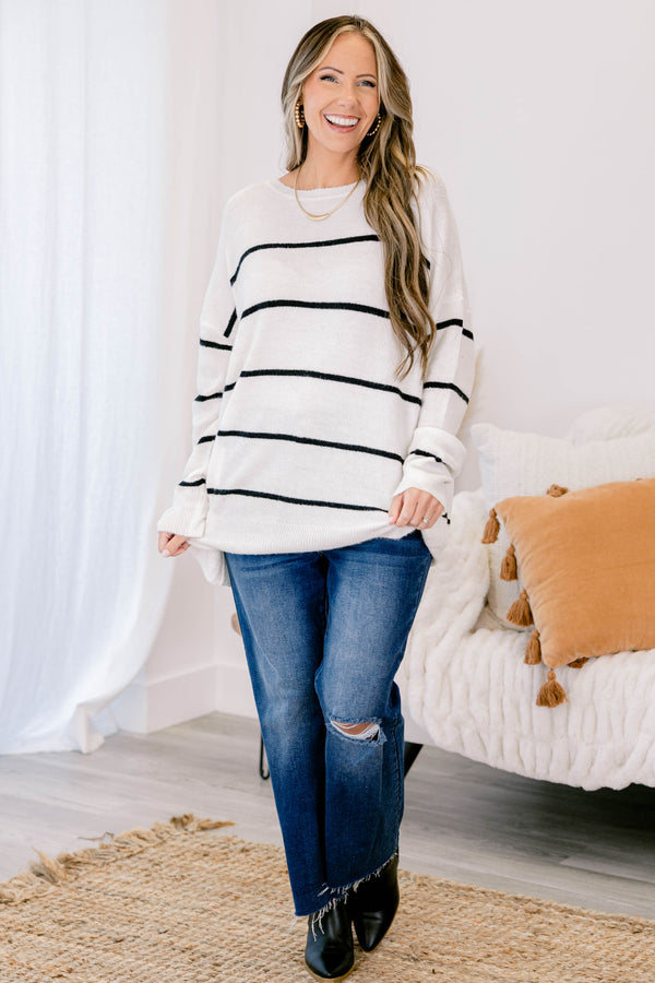 Chic Soul plus size clothing, dove white cream oversized sweater top with skinny black stripes
