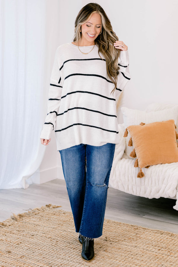 Chic Soul plus size clothing, dove white cream oversized sweater top with skinny black stripes