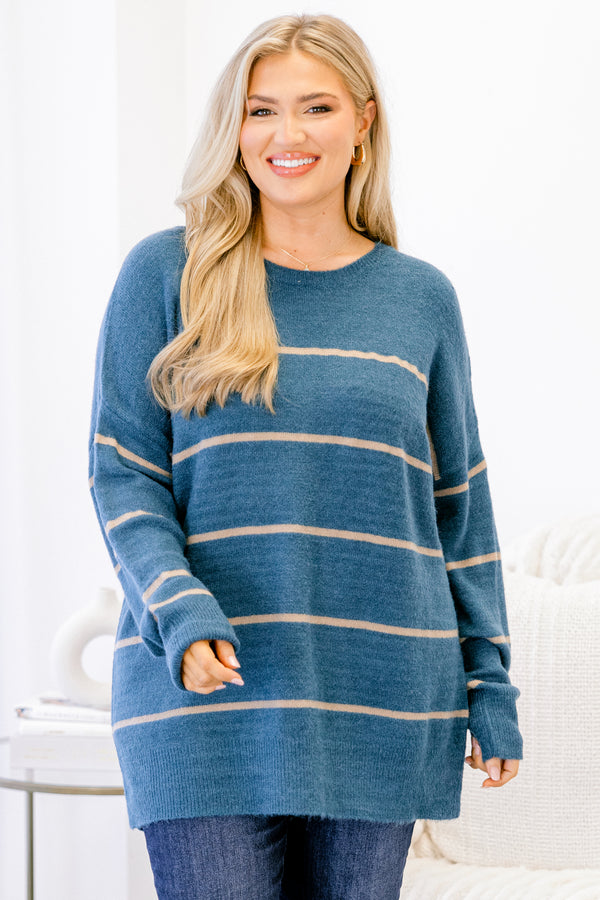 Chic Soul plus size clothing, blue long sleeve tunic sweater with thin tan horizontal stripes