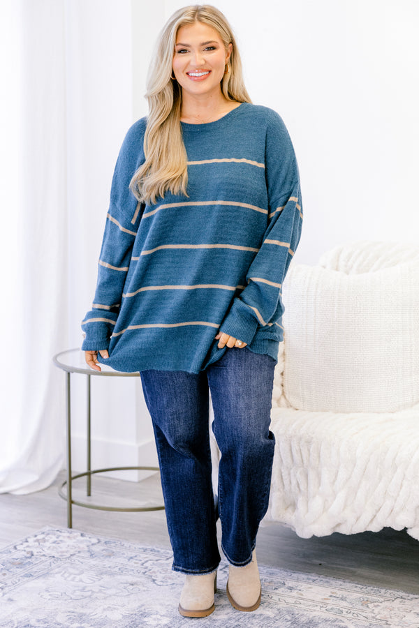 Chic Soul plus size clothing, blue long sleeve tunic sweater with thin tan horizontal stripes