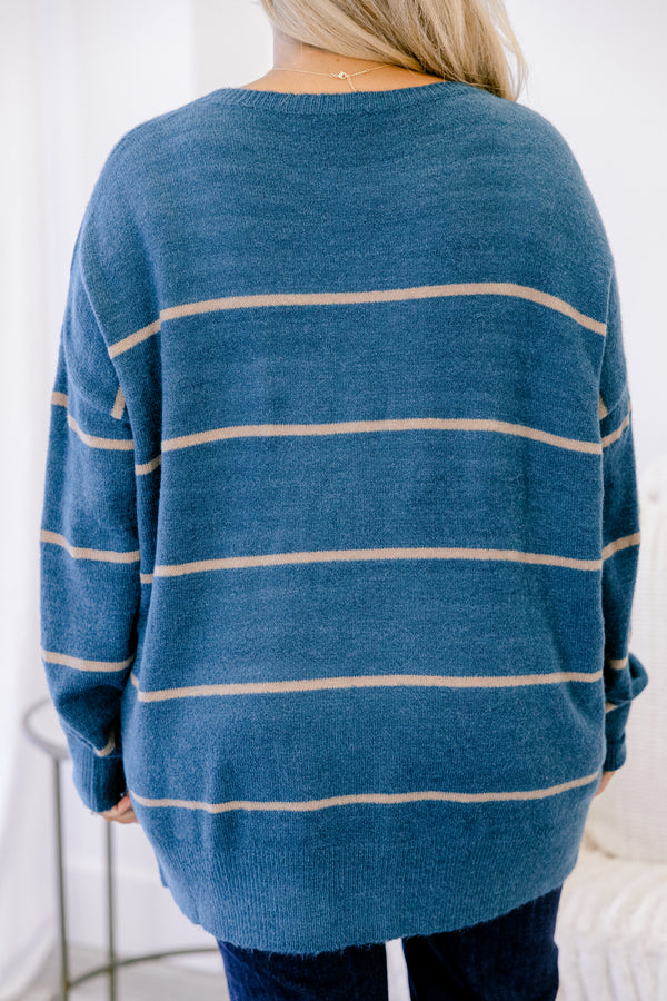 Chic Soul plus size clothing, blue long sleeve tunic sweater with thin tan horizontal stripes