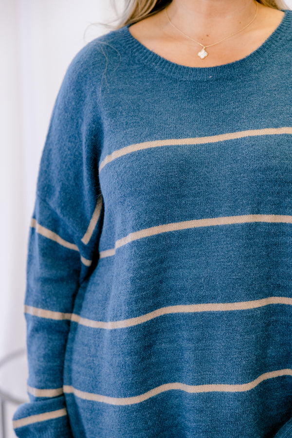 Chic Soul plus size clothing, blue long sleeve tunic sweater with thin tan horizontal stripes