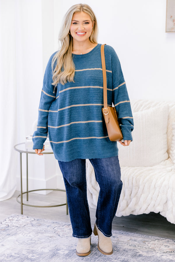 Chic Soul plus size clothing, blue long sleeve tunic sweater with thin tan horizontal stripes