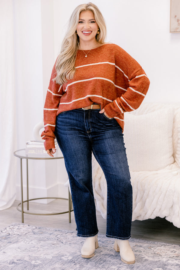Chic Soul plus size clothing, rust long sleeve sweater with thin white horizontal stripes 