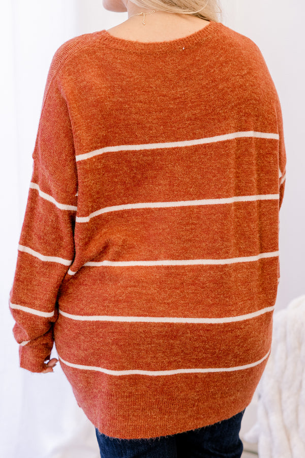 Chic Soul plus size clothing, rust long sleeve sweater with thin white horizontal stripes 