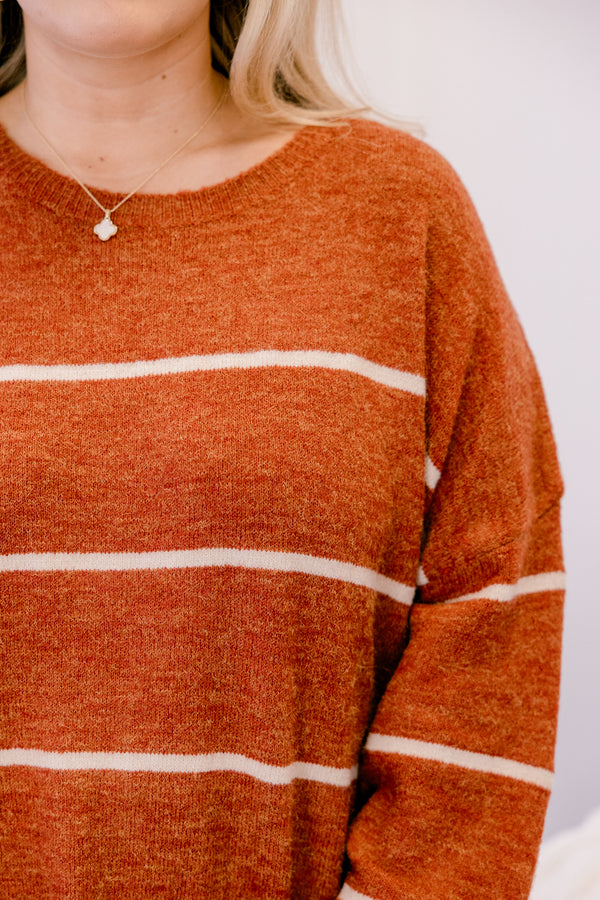 Chic Soul plus size clothing, rust long sleeve sweater with thin white horizontal stripes 