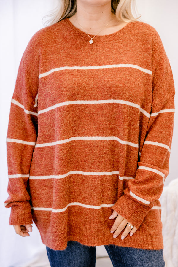 Chic Soul plus size clothing, rust long sleeve sweater with thin white horizontal stripes 