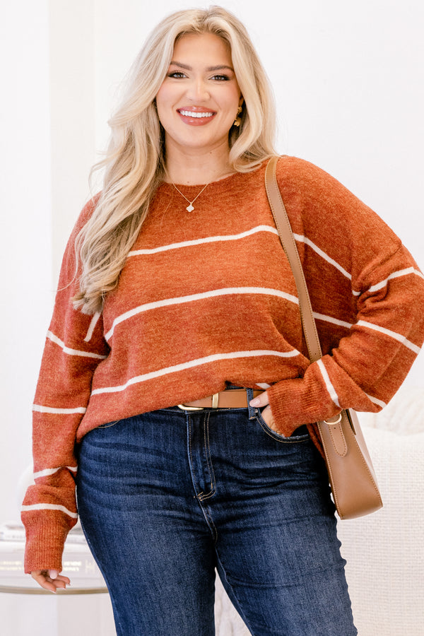 Chic Soul plus size clothing, rust long sleeve sweater with thin white horizontal stripes 