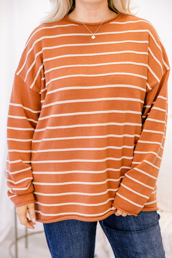 Chic Soul plus size clothing, rust orange long sleeve relaxed fit sweater with thin white horizontal stripes