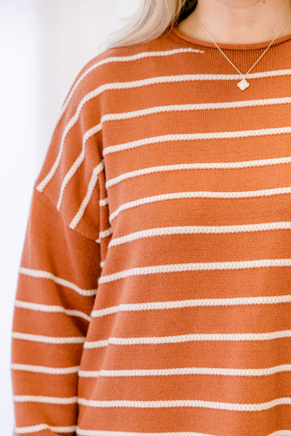 Chic Soul plus size clothing, rust orange long sleeve relaxed fit sweater with thin white horizontal stripes