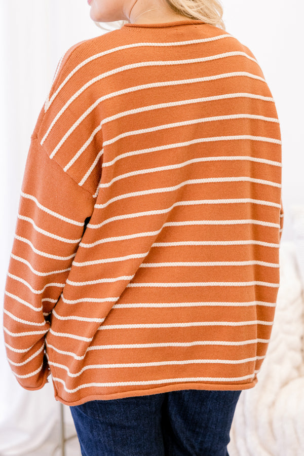 Chic Soul plus size clothing, rust orange long sleeve relaxed fit sweater with thin white horizontal stripes