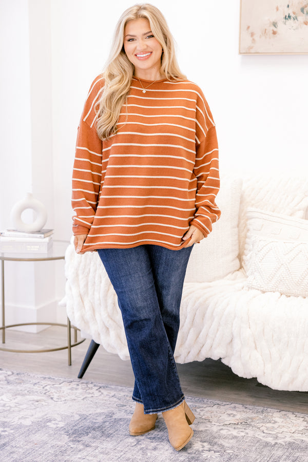 Chic Soul plus size clothing, rust orange long sleeve relaxed fit sweater with thin white horizontal stripes
