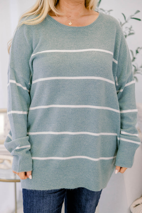 Chic Soul plus size clothing light sage green long sleeve crewneck sweater with thin white horizontal stripes