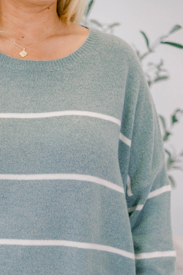 Chic Soul plus size clothing light sage green long sleeve crewneck sweater with thin white horizontal stripes