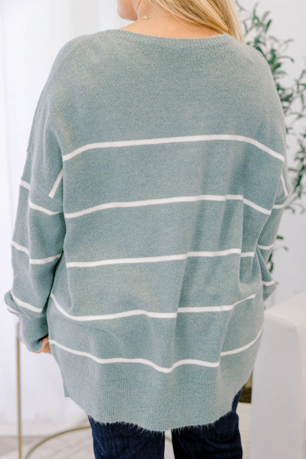 Chic Soul plus size clothing light sage green long sleeve crewneck sweater with thin white horizontal stripes