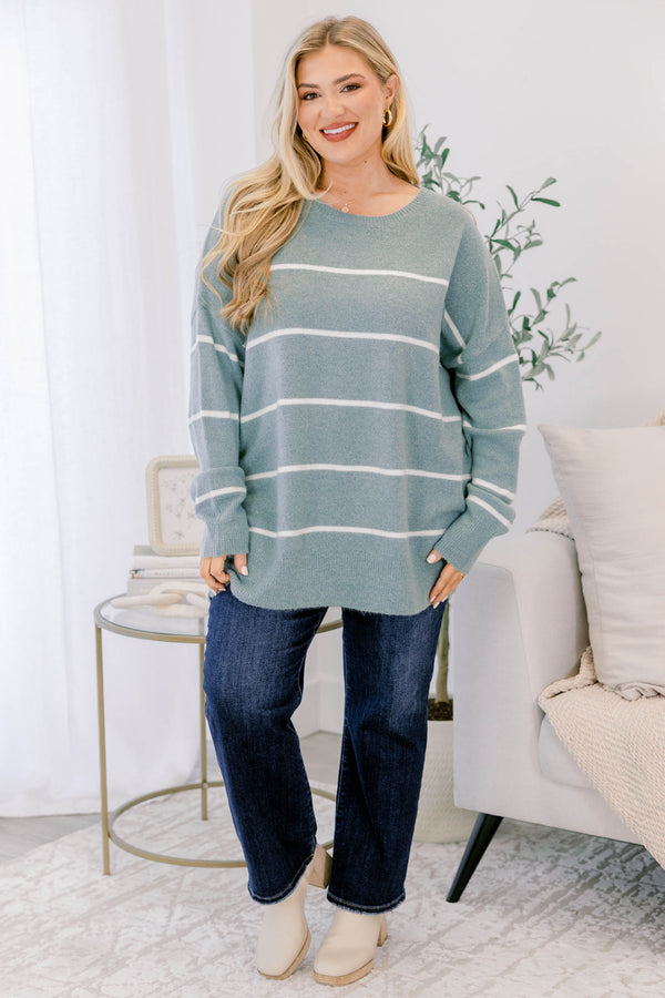 Chic Soul plus size clothing light sage green long sleeve crewneck sweater with thin white horizontal stripes