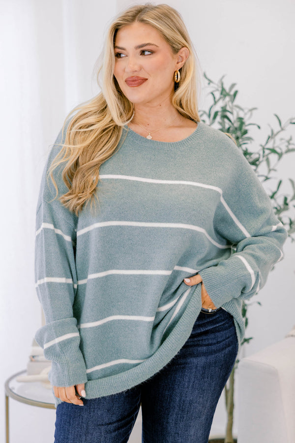 Chic Soul plus size clothing light sage green long sleeve crewneck sweater with thin white horizontal stripes