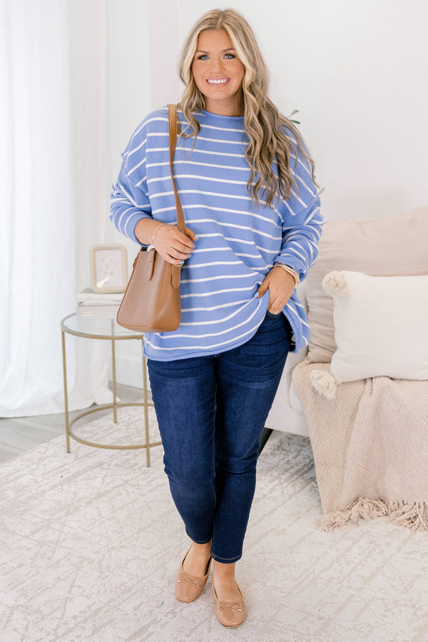Chic Soul plus size clothing, baby blue long sleeve sweater with thin white horizontal stripes