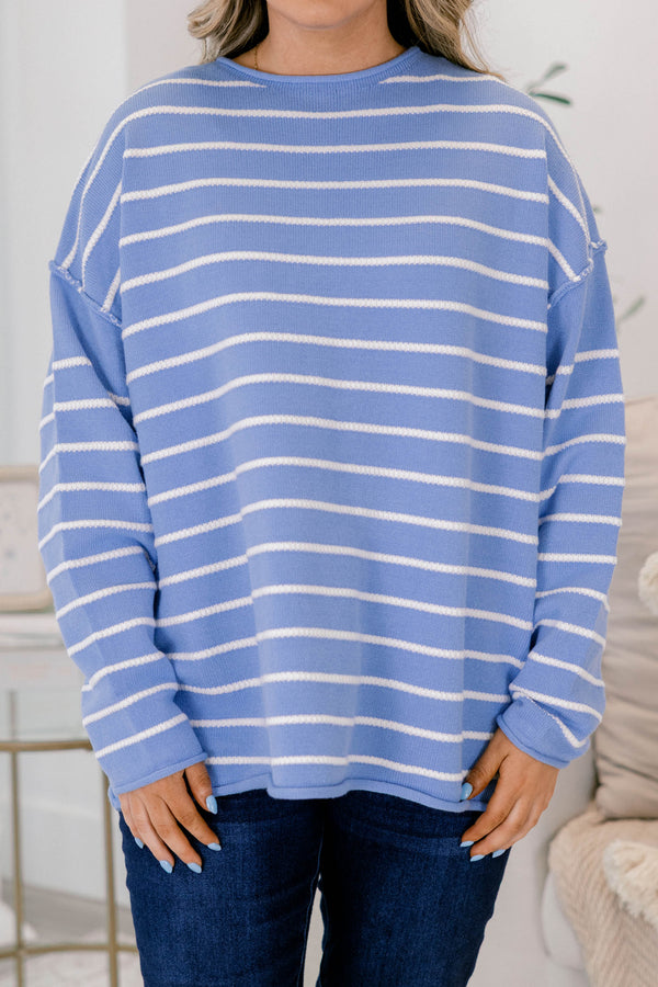 Chic Soul plus size clothing, baby blue long sleeve sweater with thin white horizontal stripes