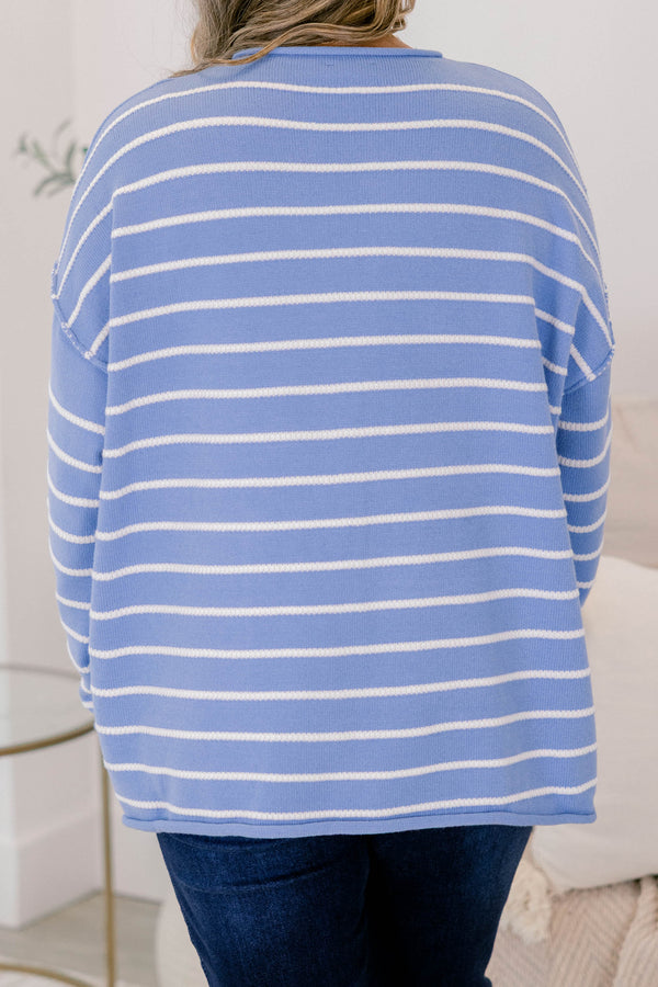 Chic Soul plus size clothing, baby blue long sleeve sweater with thin white horizontal stripes