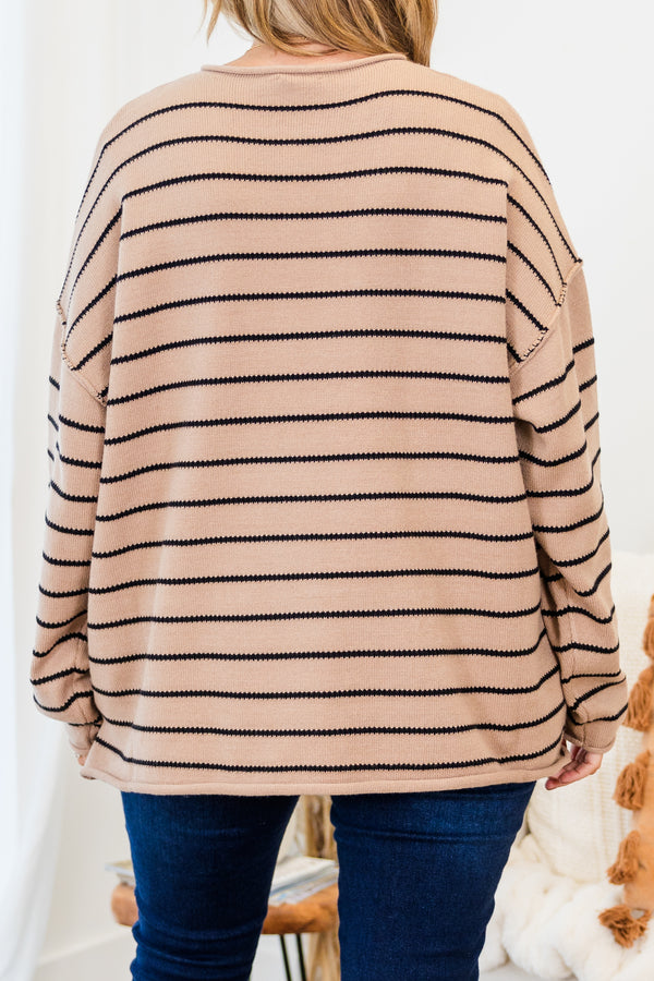 Chic Soul plus size clothing, tan long sleeve sweater with black horizontal stripe pattern with round neckline 