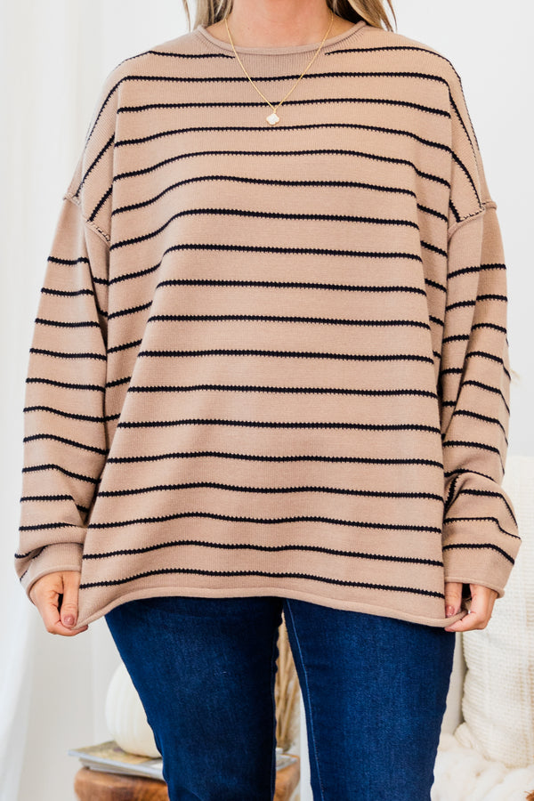 Chic Soul plus size clothing, tan long sleeve sweater with black horizontal stripe pattern with round neckline 