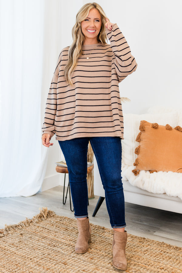 Chic Soul plus size clothing, tan long sleeve sweater with black horizontal stripe pattern with round neckline 