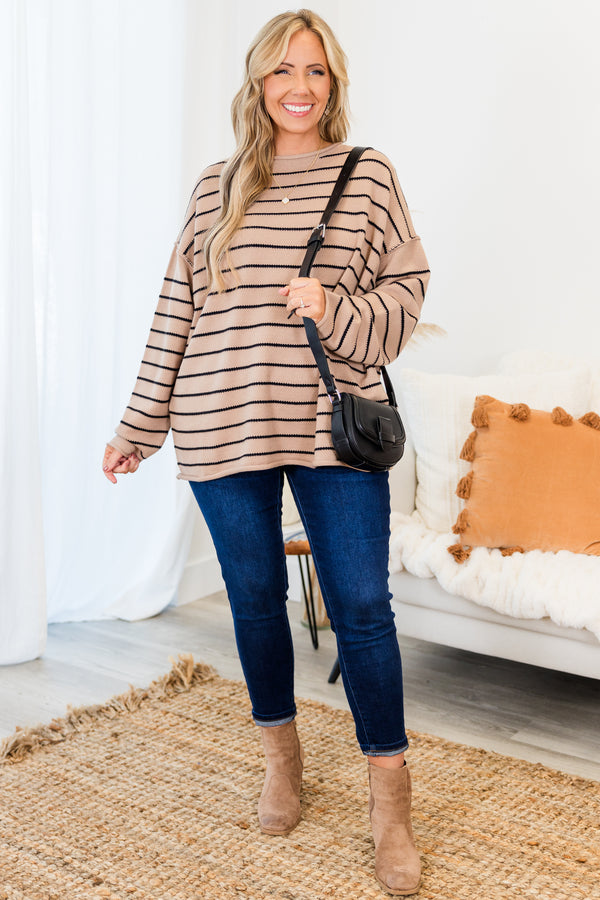Chic Soul plus size clothing, tan long sleeve sweater with black horizontal stripe pattern with round neckline 