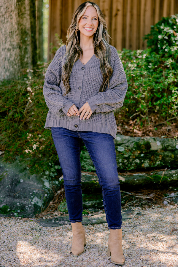 Chic Soul plus size clothing, charcoal gray button up long sleeve knit cardigan