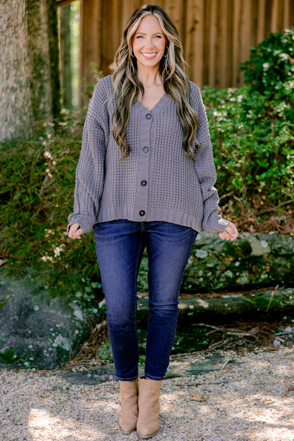 Chic Soul plus size clothing, charcoal gray button up long sleeve knit cardigan