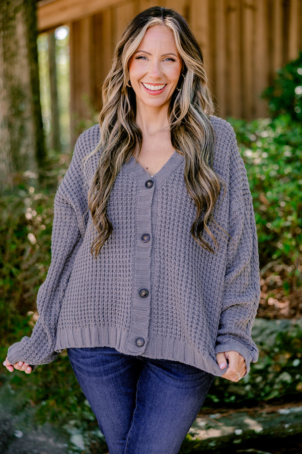 Chic Soul plus size clothing, charcoal gray button up long sleeve knit cardigan