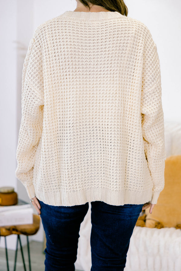 Chic Soul plus size clothing, white woven cardigan with buttons going down the center of the shirt and a slight v-neckline 