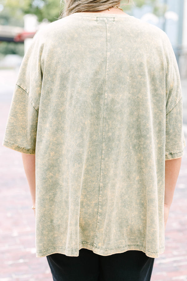 Chic Soul plus size clothing, golden olive oversized acid wash tee with leopard smiley face graphic