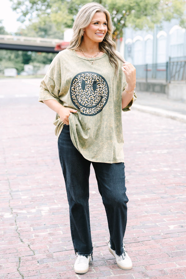 Chic Soul plus size clothing, golden olive oversized acid wash tee with leopard smiley face graphic