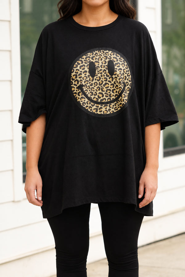 Chic Soul plus size clothing, black oversized tee with a leopard smiley graphic