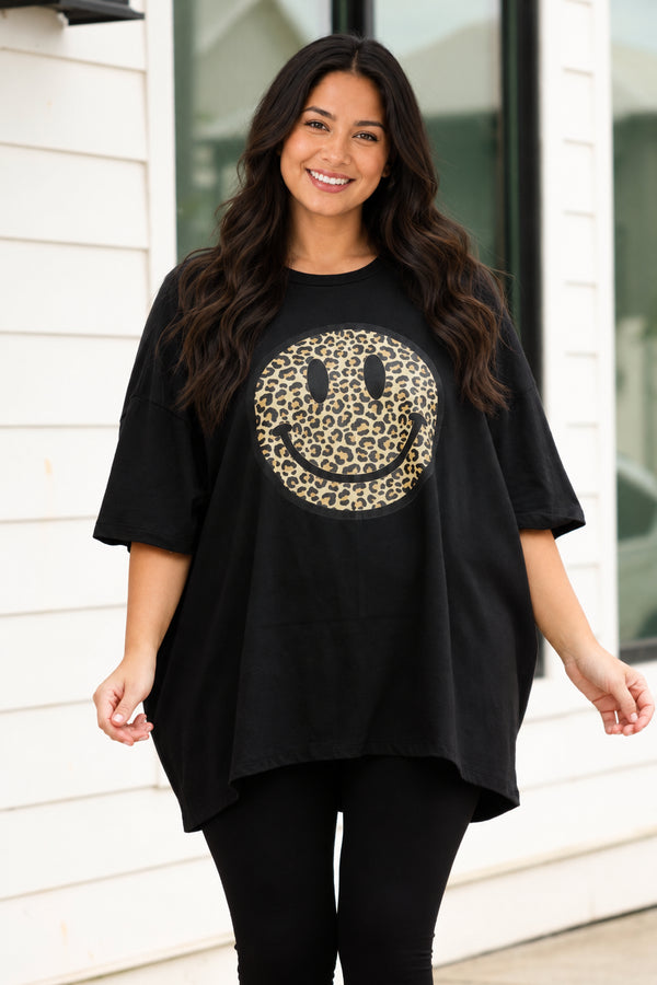 Chic Soul plus size clothing, black oversized tee with a leopard smiley graphic