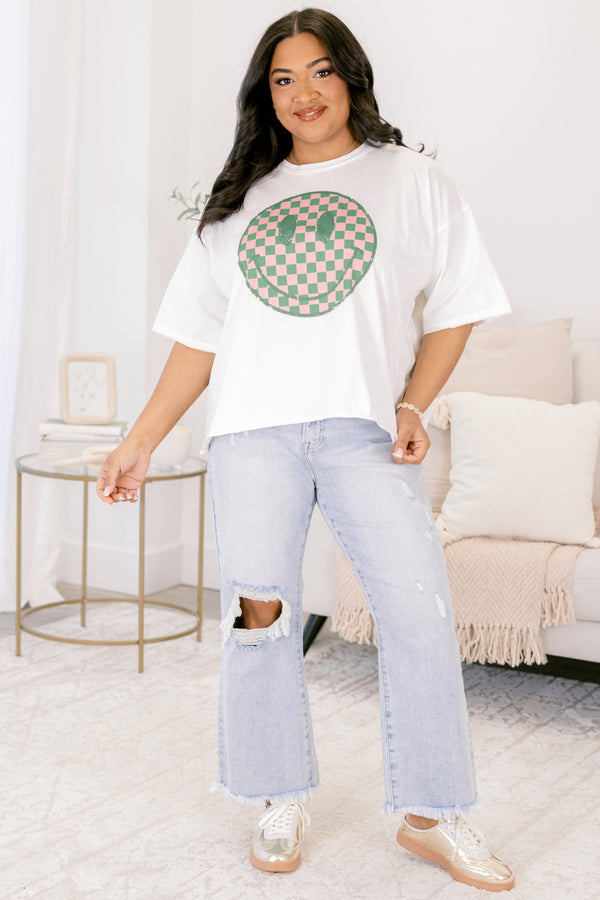 Chic Soul plus size clothing, white short sleeve graphic tee with a checkered pink and green smiley face on the center of the shirt 