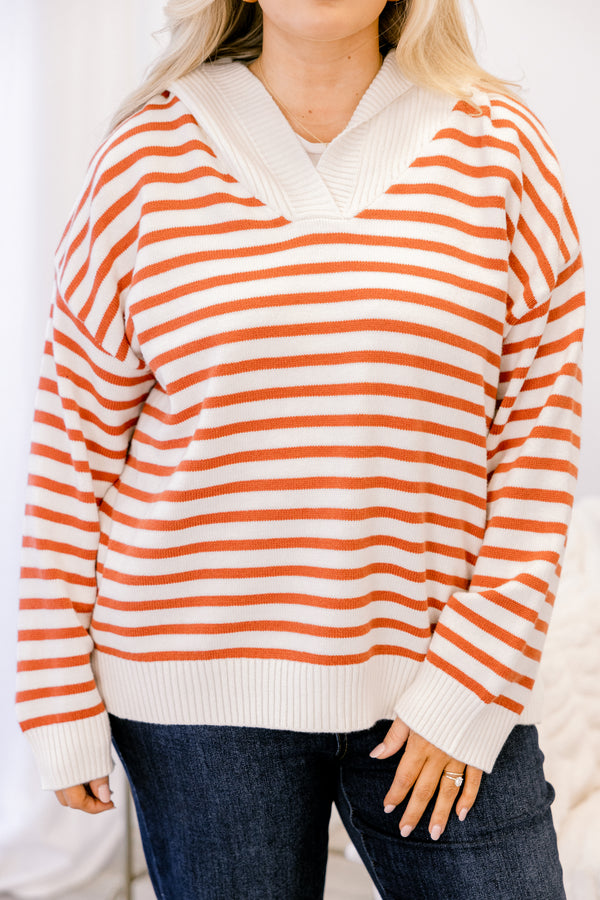 Chic Soul plus size clothing, rust and cream horizontal stripe v neck long sleeve sweater