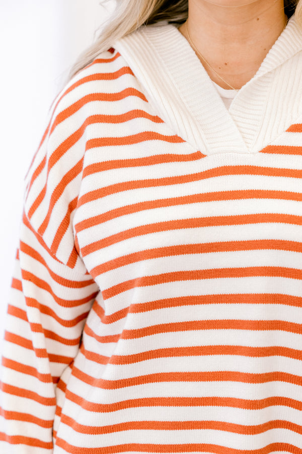 Chic Soul plus size clothing, rust and cream horizontal stripe v neck long sleeve sweater