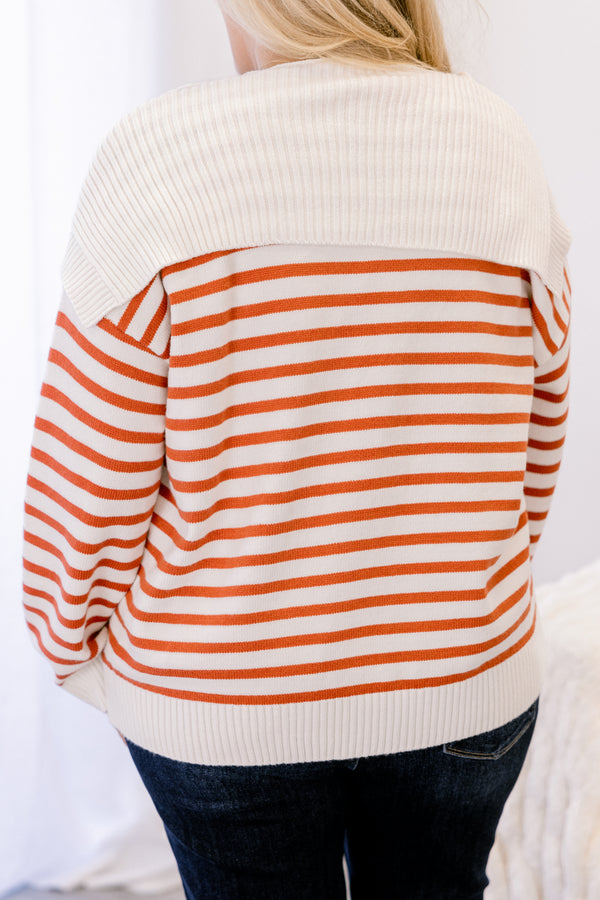 Chic Soul plus size clothing, rust and cream horizontal stripe v neck long sleeve sweater